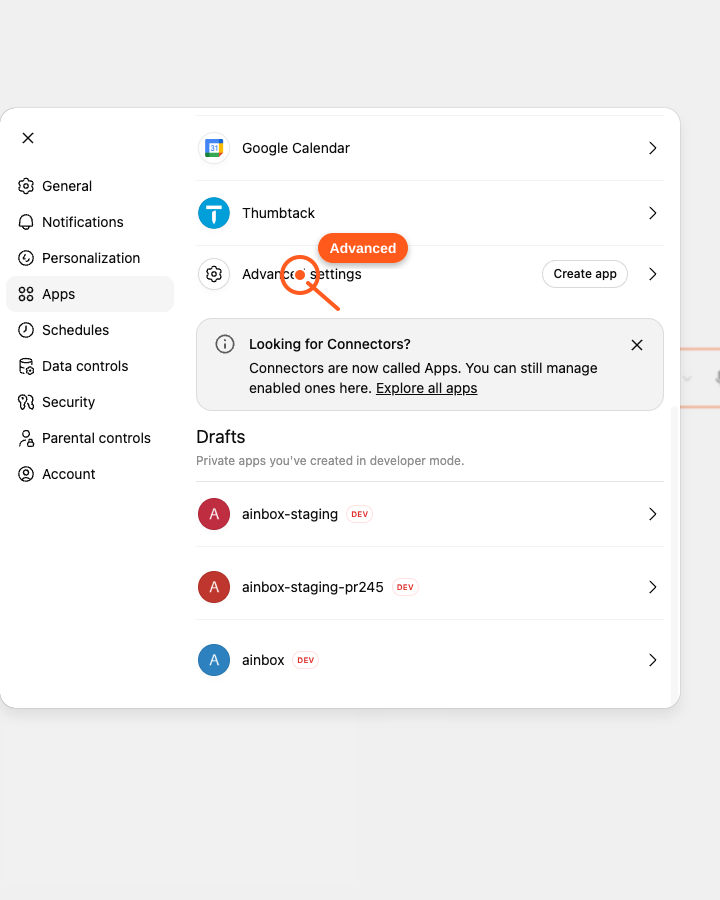 ChatGPT Apps settings with a pointer on Advanced settings
