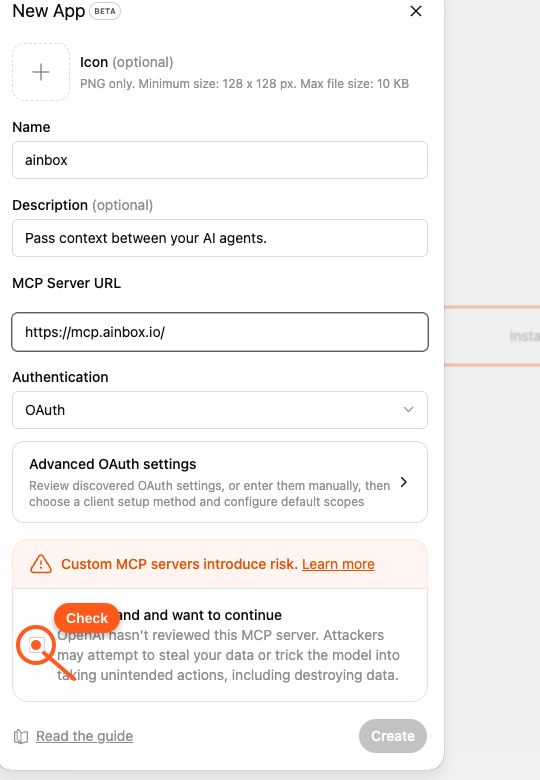 ChatGPT New App form with a pointer on the warning checkbox
