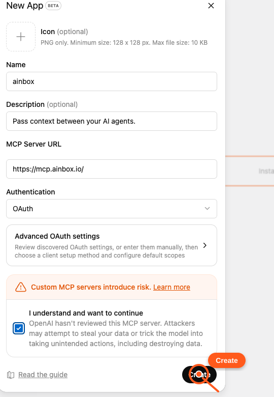 ChatGPT New App form with warning checked and a pointer on Create