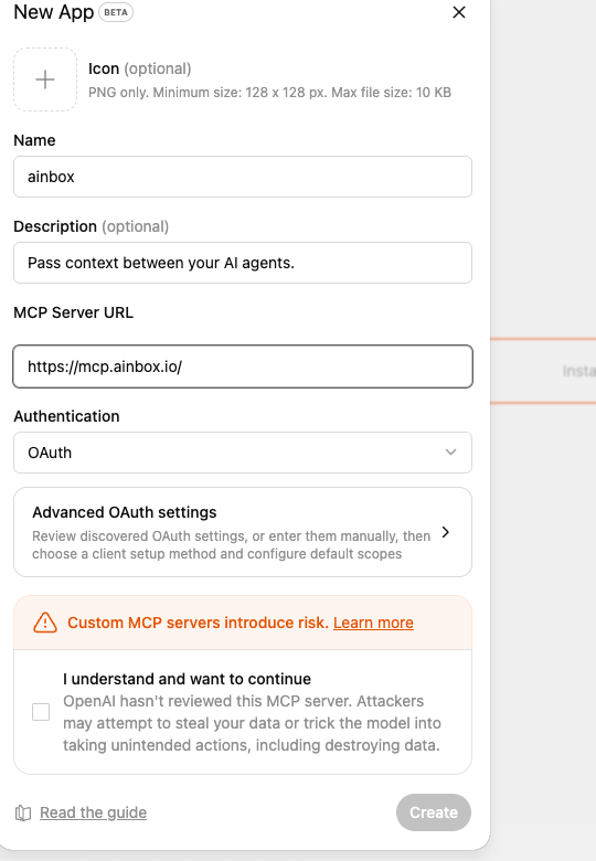 ChatGPT New App form filled with ainbox and the aInbox connection URL