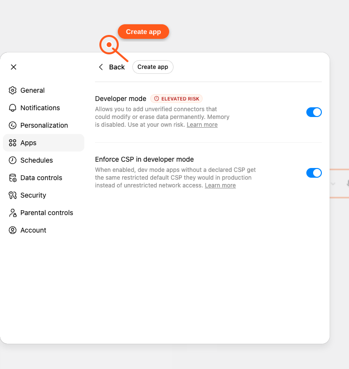 ChatGPT Advanced settings with a pointer on Create app