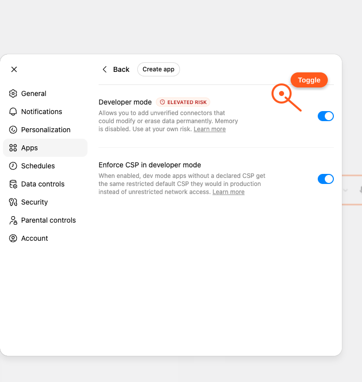 ChatGPT Advanced settings with a pointer on the Developer mode toggle