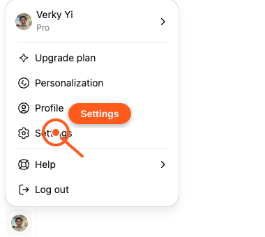ChatGPT profile menu with a pointer on Settings