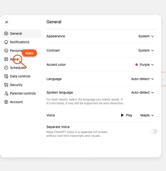 ChatGPT Settings modal with a pointer on Apps