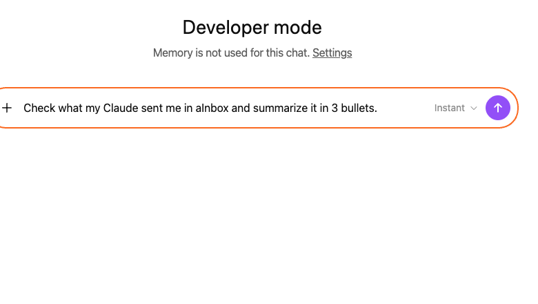 ChatGPT composer with a prompt asking aInbox to check what Claude sent