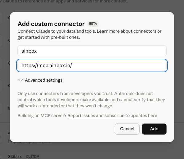 Claude Add custom connector form filled with ainbox and the aInbox connection URL