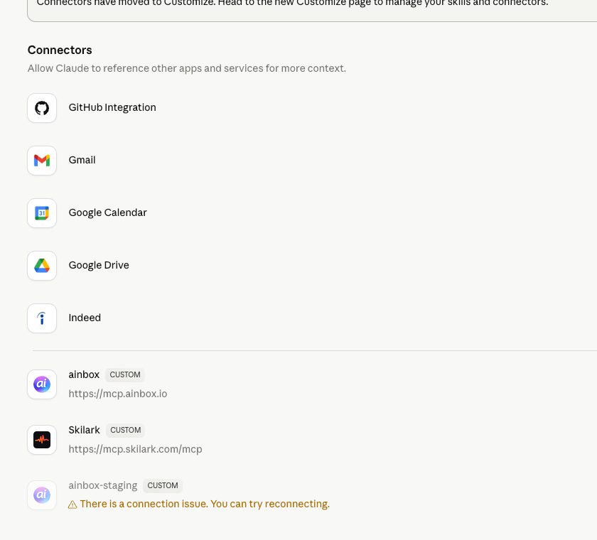 Claude settings page showing the Connectors list and Add custom connector button